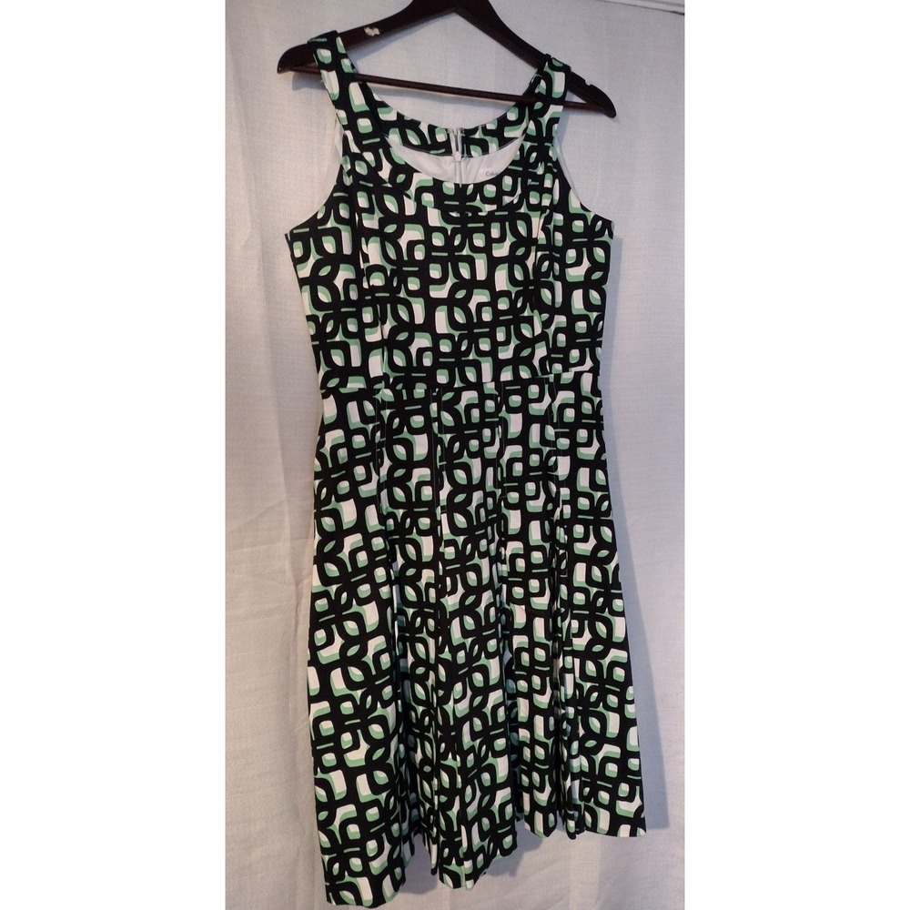 Calvin Klein Fit & Flare Dress – Size 8-Black, Green & White Design